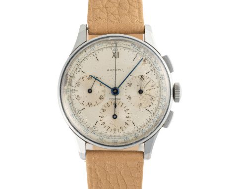 A GENTLEMAN'S LARGE SIZE STAINLESS STEEL ZENITH COMPAX CHRONOGRAPH WRIST WATCH CIRCA 1950, REF. 22506Movement: Manual wind, M