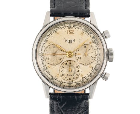 A RARE GENTLEMAN'S LARGE SIZE STAINLESS STEEL HEUER WATERPROOF CHRONOGRAPH WRIST WATCH CIRCA 1940s, REF. 2447 / 2913 ORIGINAL