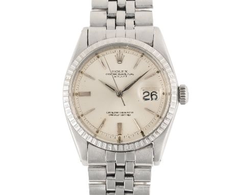 A GENTLEMAN'S SIZE STAINLESS STEEL ROLEX OYSTER PERPETUAL DATEJUST BRACELET WATCHCIRCA 1963, REF. 1603 WITH "DOOR STOP" QUART