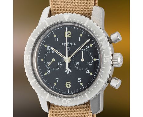 A VERY RARE GENTLEMAN'S SIZE STAINLESS STEEL SOUTH AFRICAN AIR FORCE LEMANIA PILOTS CHRONOGRAPH WRIST WATCH CIRCA 1970s, REF.