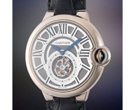 A FINE GENTLEMAN'S LARGE SIZE 18K WHITE GOLD CARTIER BALLON BLEU FLYING TOURBILLON WRIST WATCHCIRCA 2010, REF. 3089Movement: 