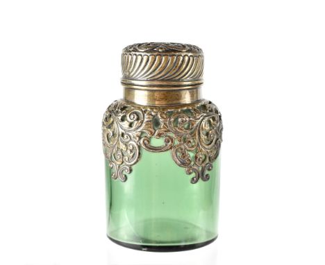 A Victorian green glass tea caddy/container with hallmarked silver collar and top, Arthur Willmore Pennington, Birmingham 189