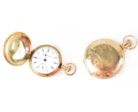 A 19th century Elgin Natl Watch Co full hunter pocket watch, the gold plated case elaborately decorated with a waterside hous