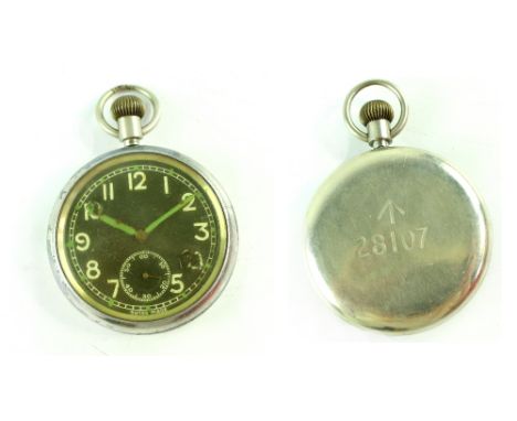 A base metal keyless wind military issue open face pocket watch with black dial, the case back engraved '28107' with broad ar