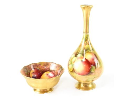 A Royal Worcester baluster vase hand painted with summer fruits, gilt-heightened base and neck, indistinctly signed, puce mar