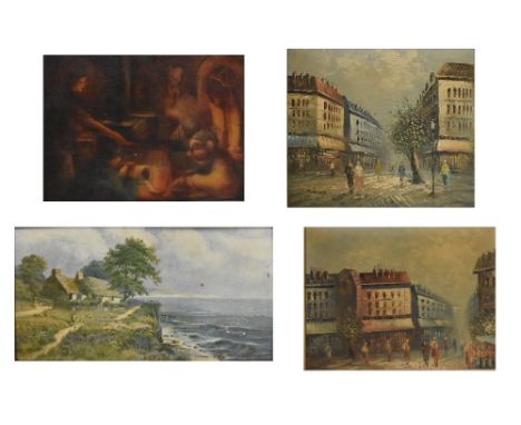 UNATTRIBUTED; four oils on board to include Bernard; Parisian street scene, 30 x 51cm, Unattributed; Parisian market street s