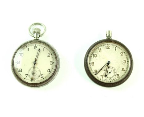 A base metal keyless wind military issue open face pocket watch, the case back engraved 'G.S.T.P. 144515' with broad arrow (a