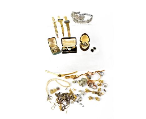 Various items of costume jewellery to include a pearl necklace, rings, earrings and ladies' wristwatches.