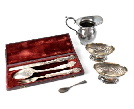 A selection of hallmarked silver items to include salt, Mark Willis, Sheffield, date mark rubbed, a jug, London 1945, a fork,