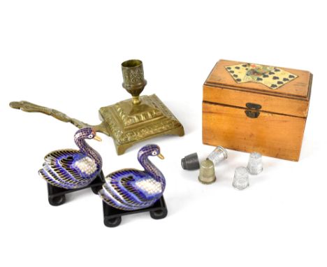 A collectors' lot comprising pair of Oriental cloisonné swans on hardwood bases, a wooden two-division playing card box, a br