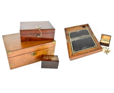 A 19th century mahogany knee desk/writing slope, a lockable mahogany box and a playing card box with playing cards carved to 