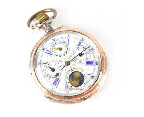 A silver open faced calendar pocket watch, the white enamel dial set with blue Roman numerals, three subsidiary date dials an