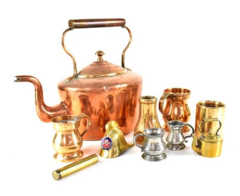 A small quantity of metalware to include a copper kettle, brass fireman's helmet with enamelled badge 'British Fire Service',