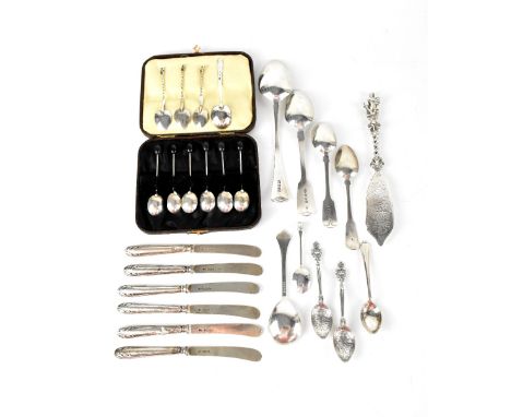 A small quantity of hallmarked silver flatware to include a set of six silver-bladed knives, a cased set of silver bean spoon