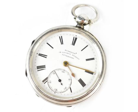 Russells, Liverpool; a silver open face pocket watch, the white enamel dial set with Roman numerals and smaller subsidiary di