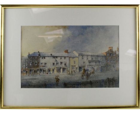 W G HERDMAN (19th century British); watercolour, row of shops including 'Thomas Welsby Coach Builder', with figures and coach