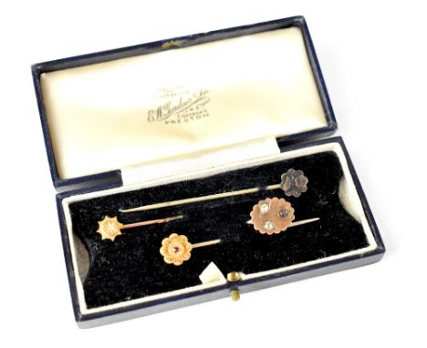 Four Victorian scarf pins including gold, pearl, ruby and diamonds (4).