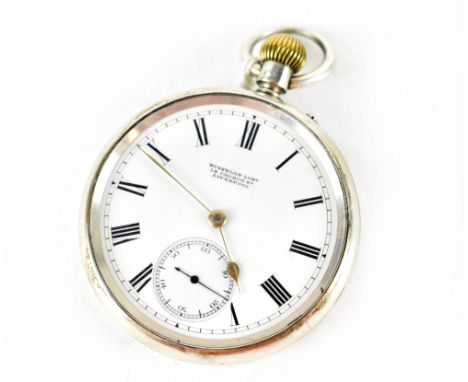 Russells Liverpool; a 'Time O Day' silver cased open faced pocket watch, the white enamel dial set with Roman numerals and sm