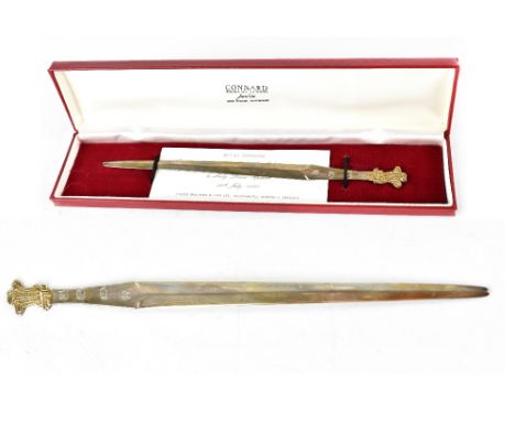 A boxed Elizabeth II hallmarked silver letter opener with Prince of Wales feather finial, Cooper Bros &amp; Son, London 1981,