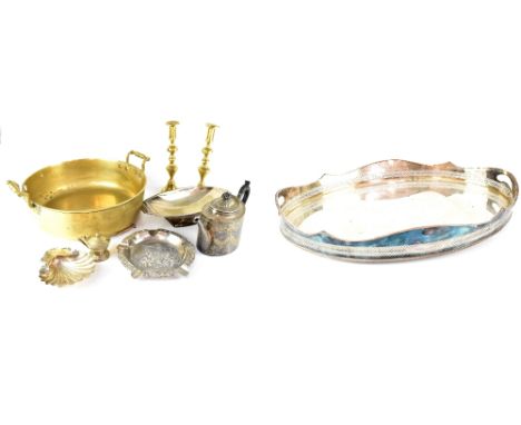 A quantity of brass, copper and plated ware to include candlesticks, kettles, tray, twin-handled jam pan, coach lantern, oil 