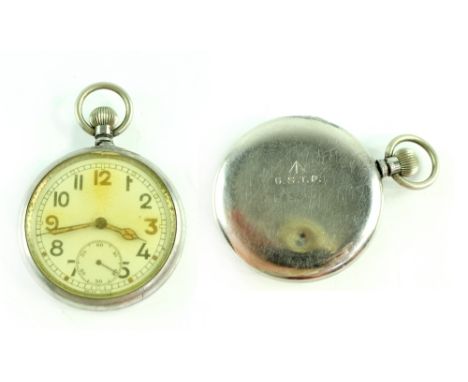 A base metal keyless wind military issue open face pocket watch, the case back engraved 'G.S.T.P. F056373' with broad arrow, 