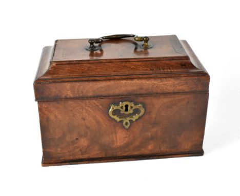 A fruitwood three-division tea caddy with swing handle to the lid, width 24cm, height 17cm, depth 13cm. CONDITION REPORT Ther