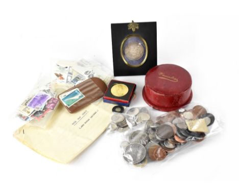 A quantity of mixed, mainly 20th century coinage, a red leather 'Counters' box containing various tokens, some Victorian, a s