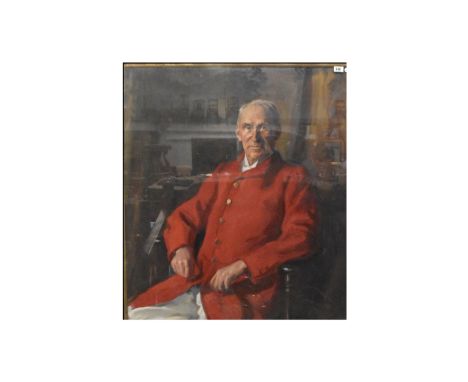 UNATTRIBUTED; an early 20th century oil on canvas portrait of a seated distinguished gentleman in red riding jacket, 110 x 94