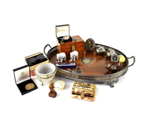 A small collectors' lot to include an Accurist Tissot watch, a jewellery box, a pair of white metal salt and pepper in the fo