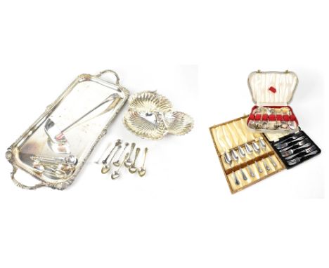 A small mixed lot of silver-plated items to include a twin-handled tray with acanthus leaf and gadrooned decoration, a three-