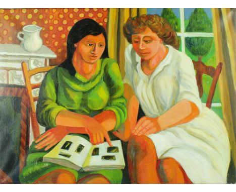 MARY DAVIDSON (20th century); oil on canvas, portrait of two ladies looking through a photograph album, initialled MD, 46 x 6
