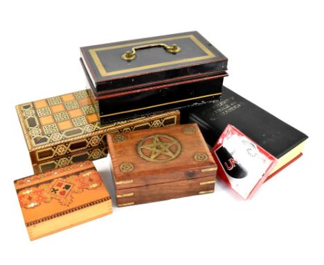 A quantity of tins and boxes to include a marquetry inlaid backgammon board, a vintage tin moneybox, a hip flask set disguise