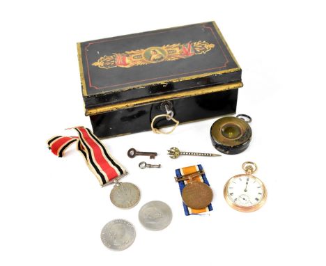 A Queen Victoria Diamond Jubilee cash tin and contents including gold-plated open face pocket watch, military 'The Magnapole'