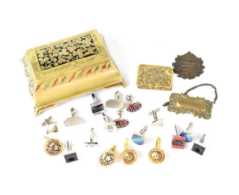 A collectors' lot comprising Eastern brass ink stand, a snuff box, cufflinks etc.
