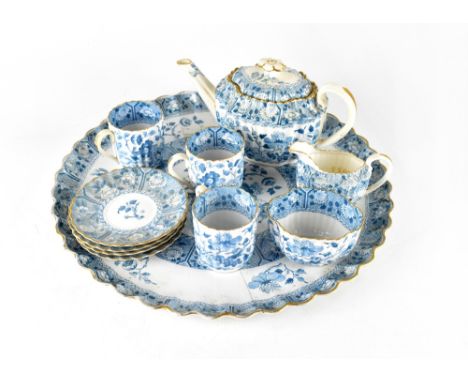 A Copeland Spode blue and white gilt-heightened part tea set (af). CONDITION REPORT the main tray is cracked and crudely re-g