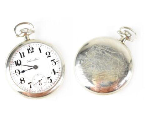 Hamilton Watch Company; a railroad grade open faced pocket watch, the white enamelled dial set with black numbers, outer minu