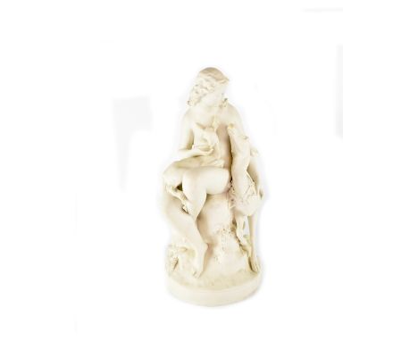 A large Victorian Parian group of Diana seated on a tree stump with a deer and fawn, modelled by Charles Bell Birch for the A