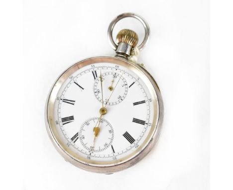 A 19th century silver open face chronograph pocket watch, the white enamel dial with Roman numeral chapter ring and outer sec