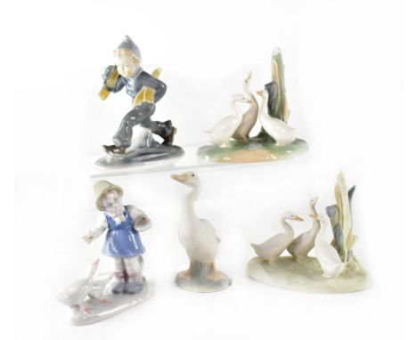 A Lladró figure of a goose, two Nao figures of geese on grassy plinth base and two other Lladró-style figures (5).