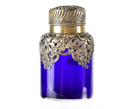 A Victorian blue glass tea caddy/container with hallmarked silver collar and top, maker's mark rubbed, possibly Cohen &amp; C