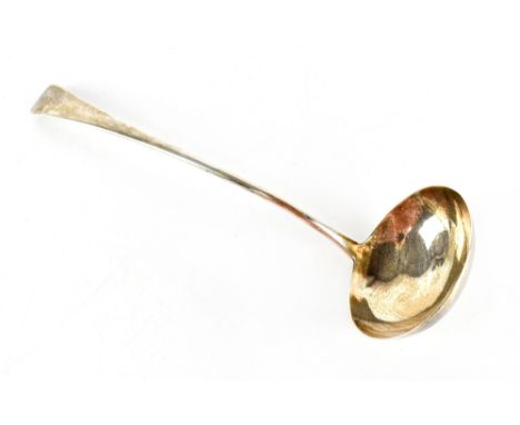 A George III hallmarked silver ladle, William Eley &amp; William Fearn, London 1797, inscribed 'JF to EG', approx 6ozt (af). 