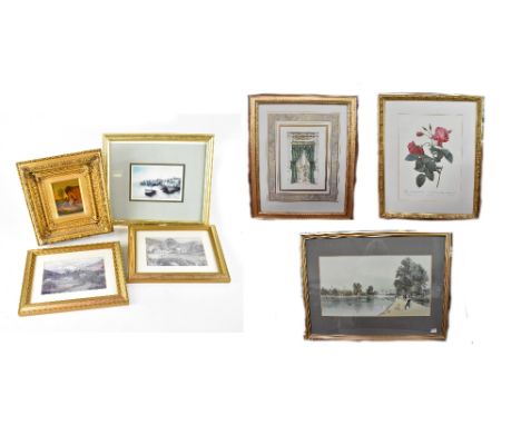 A quantity of prints to include two floral prints, a set of four architectural prints of windows and window dressing, scenic 