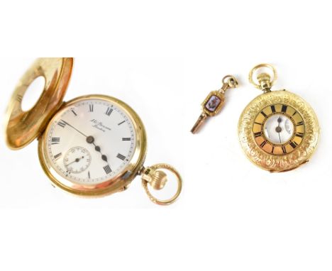 J W Benson, London; an 18ct yellow gold ladies' half hunter fob watch, the white dial set with Roman numerals and subsidiary 