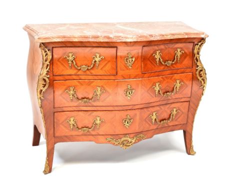 A French-style reproduction bombe commode of two short over two long drawers, banded mahogany and walnut veneer, foliate moul