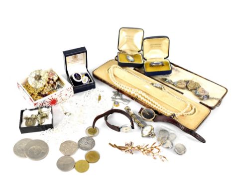 A collection of costume jewellery to include beads, ladies' watches, necklaces, brooches, pearl necklace, Australian opal pen