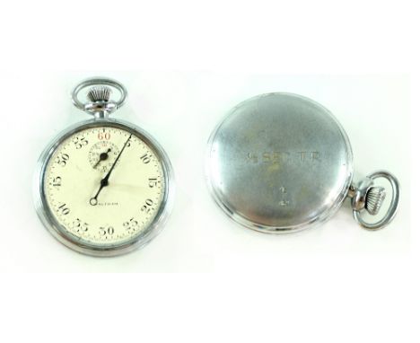 Waltham; a chrome military issue keyless wind open face stopwatch, the case back engraved '05/02.T.P.' with broad arrow.