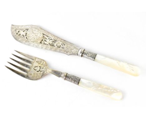 A Victorian hallmarked silver cake knife and fork with mother of pearl handles, Birmingham 1886 (2).