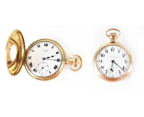 Two gold-plated pocket watches, a Hamilton railroad grade open face, the double sunk white enamel dial set with black numbers