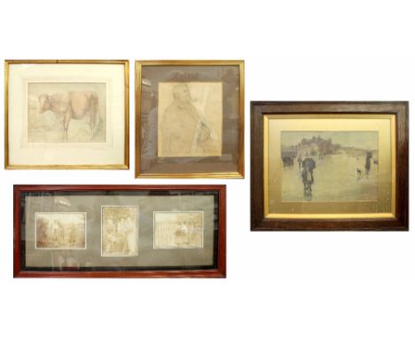 UNATTRIBUTED; watercolour, a cow, indistinctly signed lower right, framed and glazed, a print, coastal town scene with variou