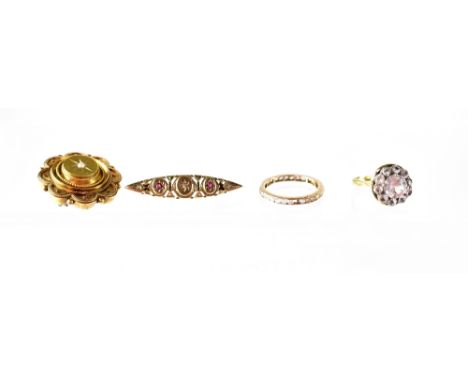 A 14ct gold white stone cluster fashion ring, a 9ct gold pink sapphire and diamond bar brooch, a 19th century yellow metal an